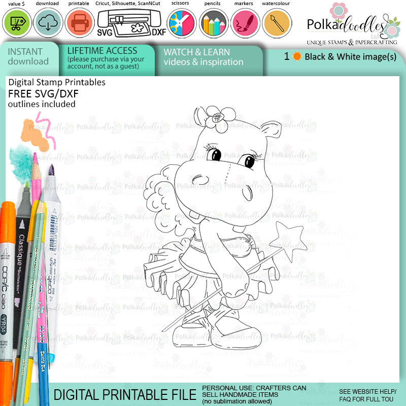 Fairy ballerina tutu cute Helga Hippo printable digital stamp - card making crafts scrapbooking sticker with SVG print and cut outline